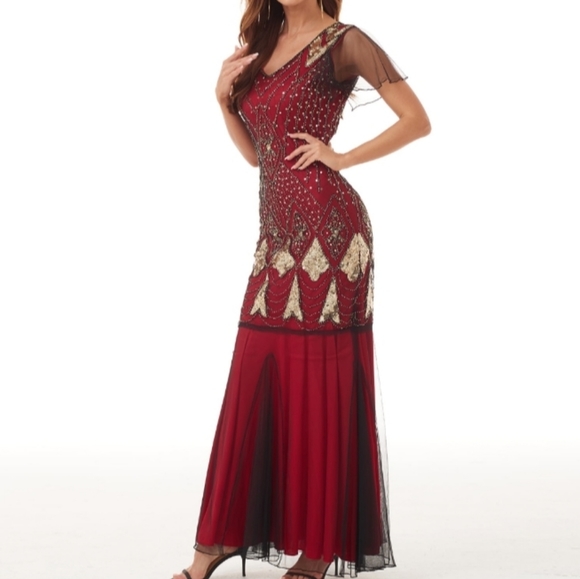 JDLSPPL Women's Red&Black Gatsby Evening Dress Sequin Maxi Flutter Sleeve Gown S - Picture 2 of 12